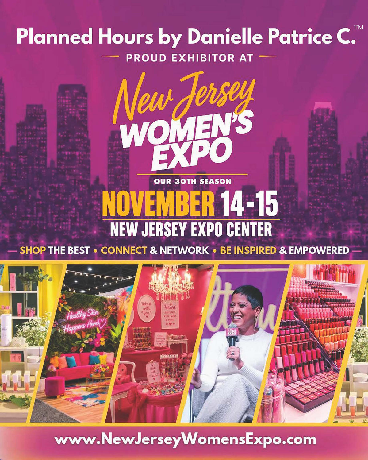Promotional poster for the New Jersey Women's Expo 2026, featuring a purple and pink city skyline background, event text, and three diagonal inset photos showing event interiors and a woman speaking. Planned Hours by Danielle Patrice C. ™ Is featured as an exhibitor.