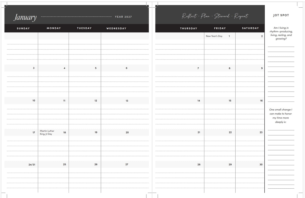 2027 Planner Pages showing, two-page, lined, monthly spread in spacious 7.5 x 10 format with reflection prompts.