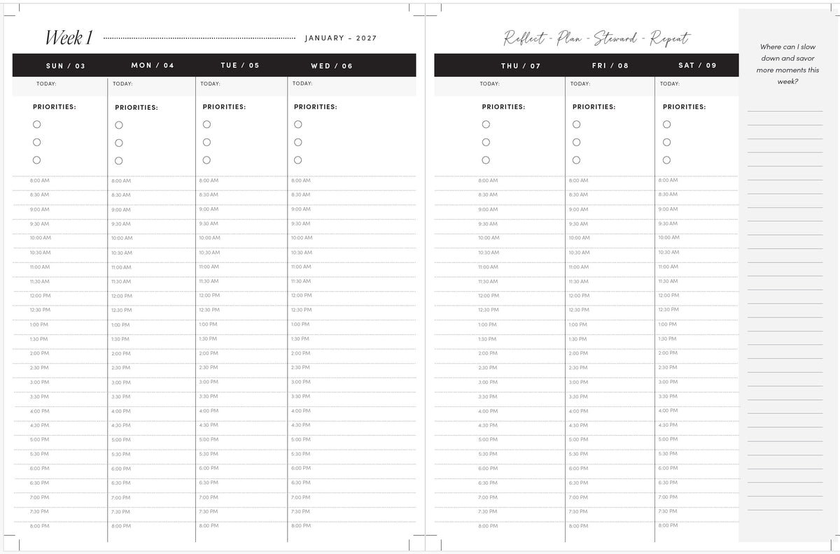 2027 Planner Pages showing, two-page, lined, weekly appointment spread in spacious 7.5 x 10 format with reflection prompts.