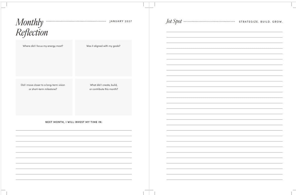 2027 Planner Pages showing, two-page monthly reflection spread in spacious 7.5 x 10 format, with reflection prompts and lined writing space.