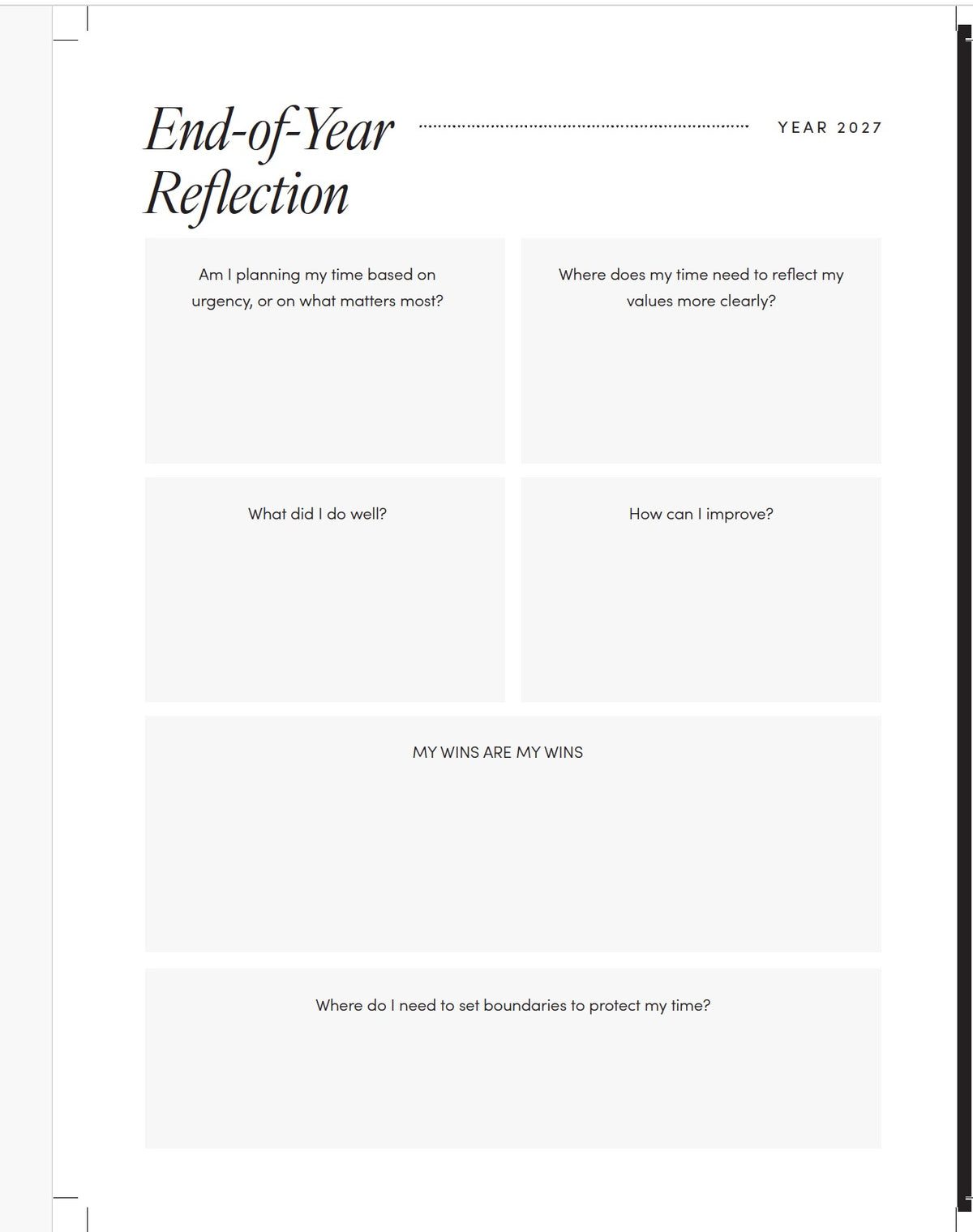2027 Planner Page showing, End-of Year-reflection page.  Includes reflection questions.