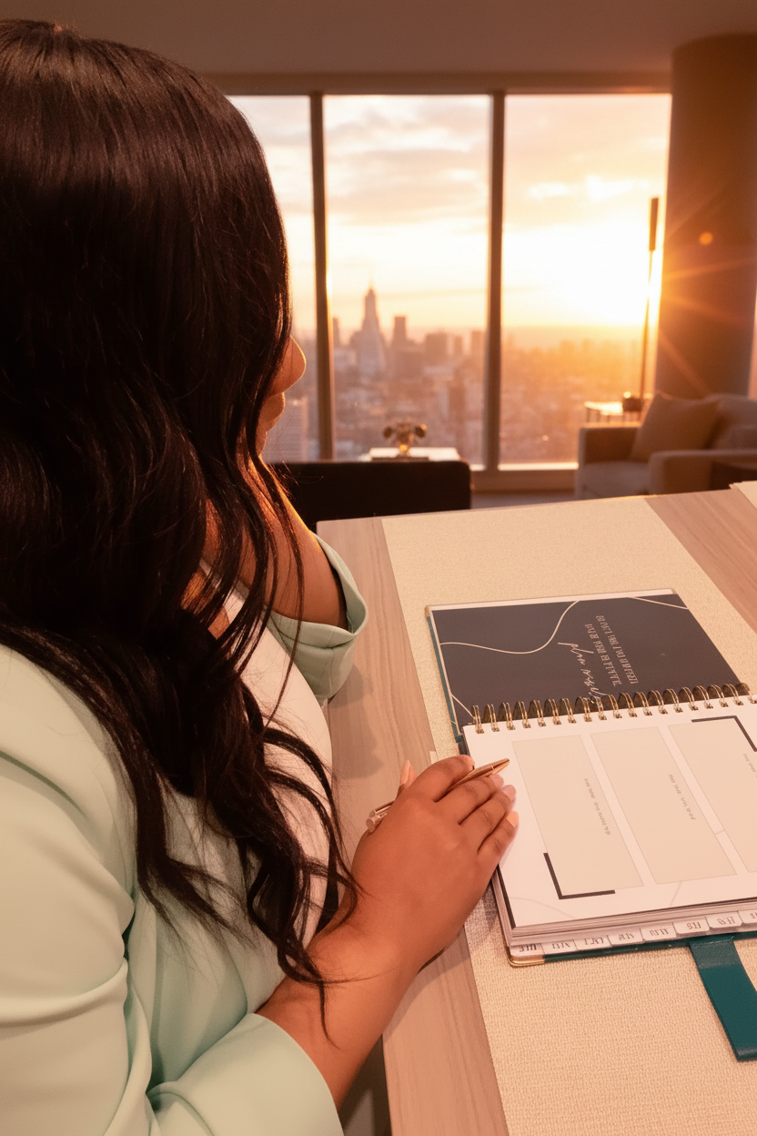 Profile of person seated at table wearing a sage blazer, holding a pen with the 2027 planner open layflat on the goals page.  The coil binding and monthly tabs are displayed. Background is floor to ceiling widows, amber sunrise and grey chair with city view.