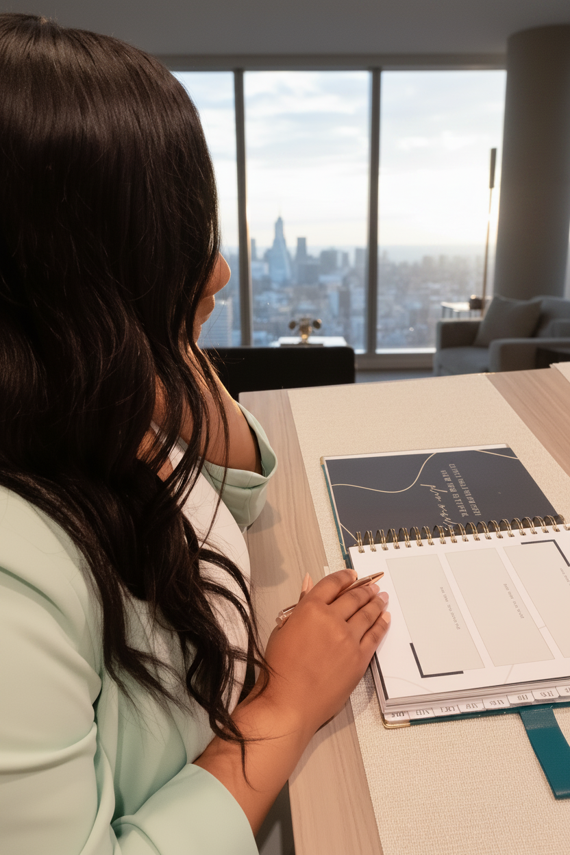 Profile of person seated at table wearing a sage blazer, holding a pen with the 2027 planner open layflat on the goals page.  The coil binding and monthly tabs are displayed. Background is floor to ceiling widows, soft daylight, and grey chair with city view.
