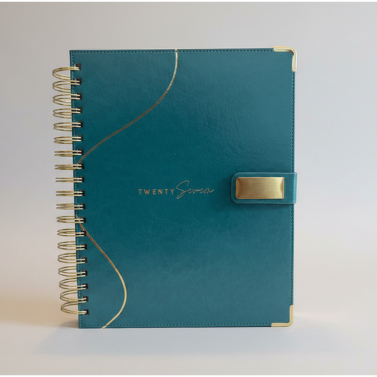 2027 Planner closed cover showcasing rich PU leather finish, reinforced corners, and magnetic closure.